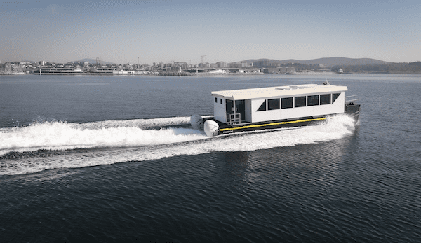 Custom-built HDPE passenger ferry and water bus by Plast Boat, impact-resistant maritime transportation solution for coastal cities.