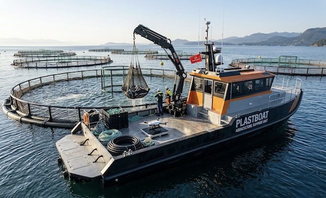A black and orange professional aquaculture support vessel branded "Plastboat – Aquaculture Support Unit" positioned in front of a mountainous coastline. The onboard crane is lifting a loaded net from a circular fish cage. Two crew members in high-visibility safety gear are working on deck, with a drone and various equipment visible at the bow. Multiple circular fish farm cages are visible in the background on calm blue water.