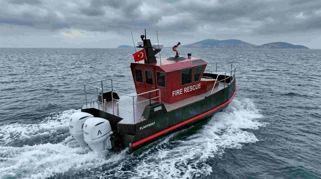 PlastBoat HDPE fire and rescue boat with twin outboard engines and firefighting monitor, underway on open water near Istanbul