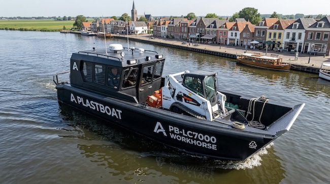 A large black Plastboat PB-LC7000 Workhorse landing craft navigating a calm Dutch canal with a operator visible in the enclosed wheelhouse. The open cargo deck carries a white Bobcat skid steer loader along with additional equipment and rigging. The vessel's name and branding are prominently displayed on both the bow and hull. In the background, a picturesque Dutch waterfront town is visible featuring traditional brick buildings with red and orange rooftops, a church steeple, moored wooden boats, and lush green trees lining the canal under a bright summer sky.