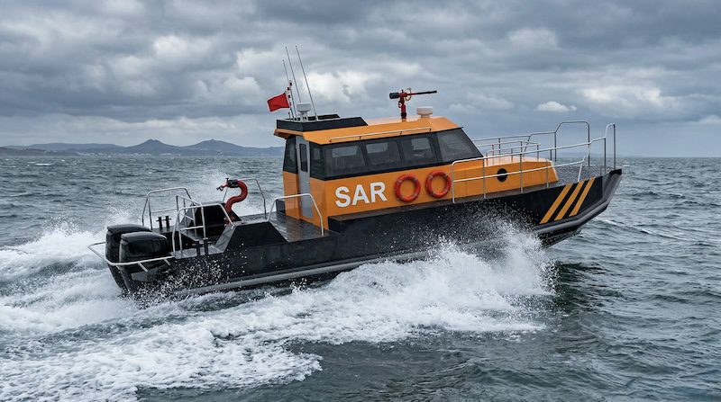 PlastBoat HDPE search and rescue boat (SAR) with life rings, firefighting monitor, and enclosed wheelhouse, operating at speed in open sea conditions